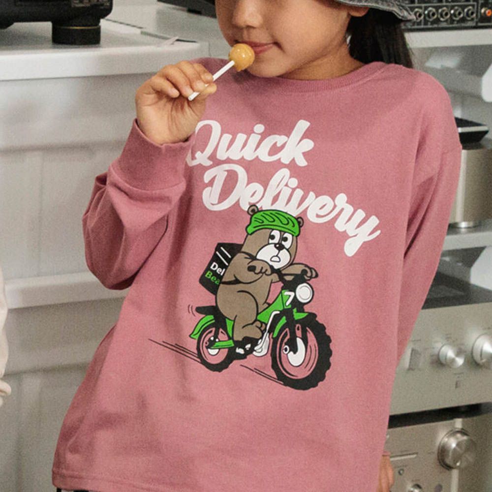 100%棉 百搭印花縮口長袖上衣-熊熊騎車-玫瑰粉