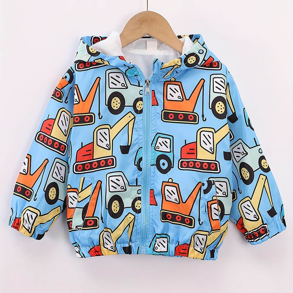 兒童連帽防風外套-繽紛挖土機-藍色