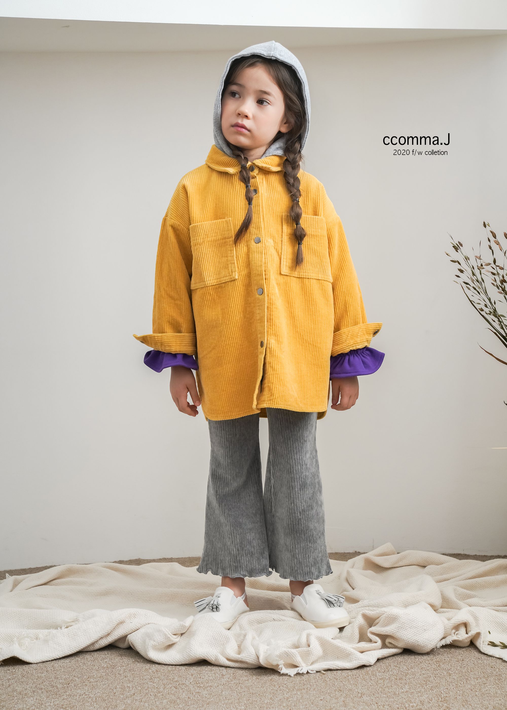 韓國 ccomma. J - 燈芯絨連帽夾克-芥末黃