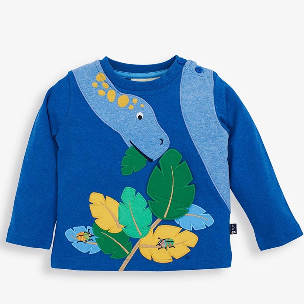 英國 JoJo Maman BeBe - 嬰幼兒100%純棉長袖上衣-藍色恐龍