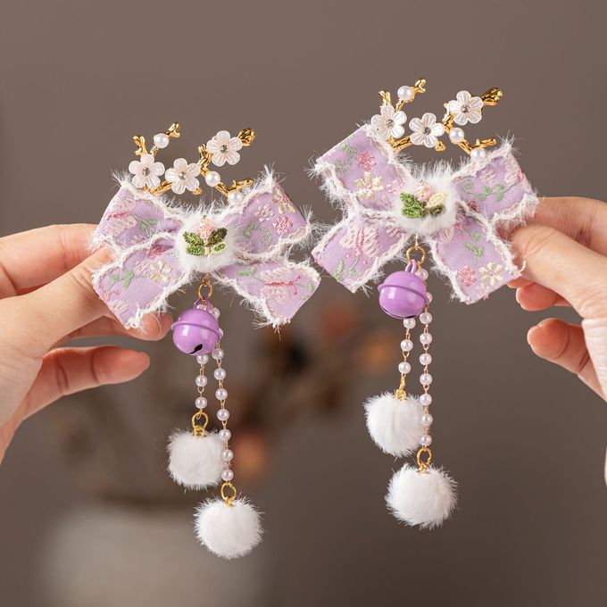 毛茸茸蝴蝶結紫色鈴鐺吊墜髮飾對夾 古風漢服髮飾 