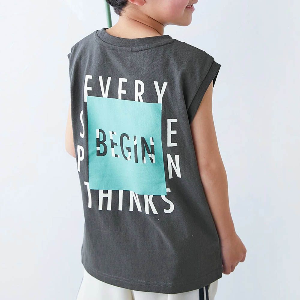 100%棉 定番印花寬版無袖上衣-背後正方形-灰黑