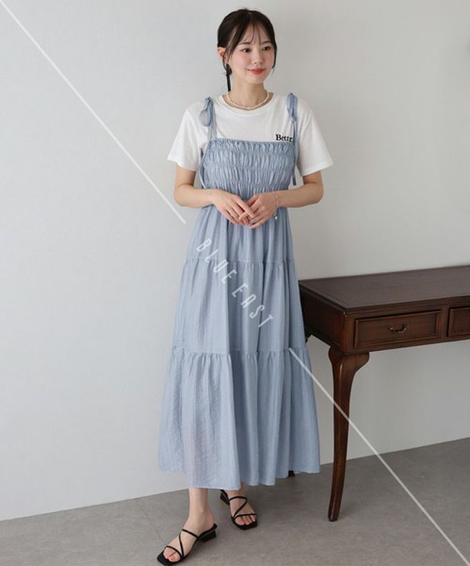 日本 BLUE EAST - 清爽透膚感皺摺綁帶分層洋裝-灰