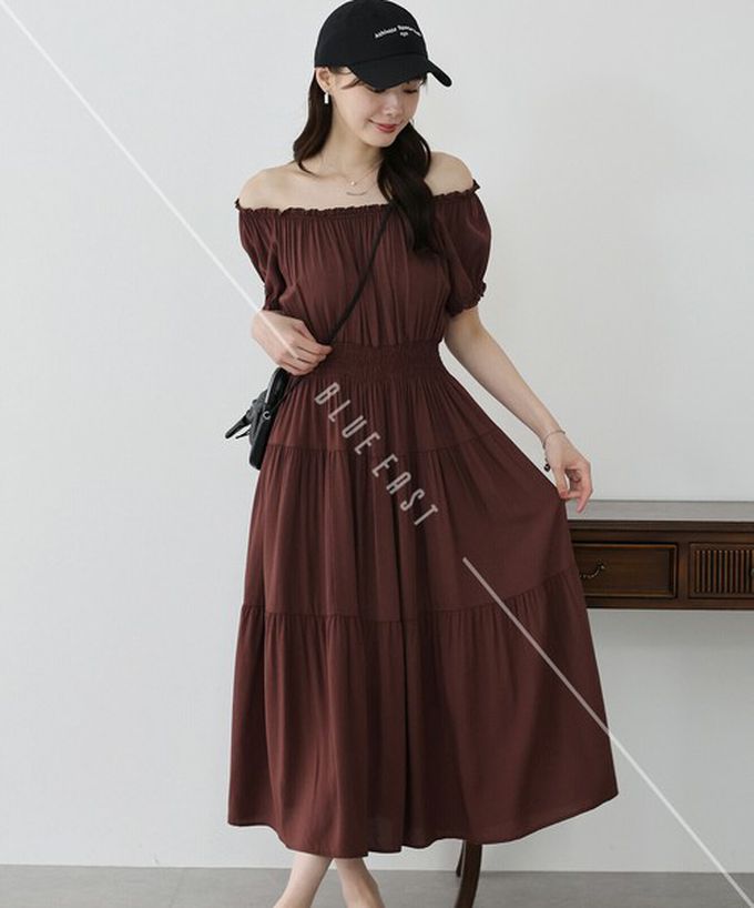 日本 BLUE EAST - 一字領2way露肩迷人短袖洋裝-歐風花卉-海軍藍