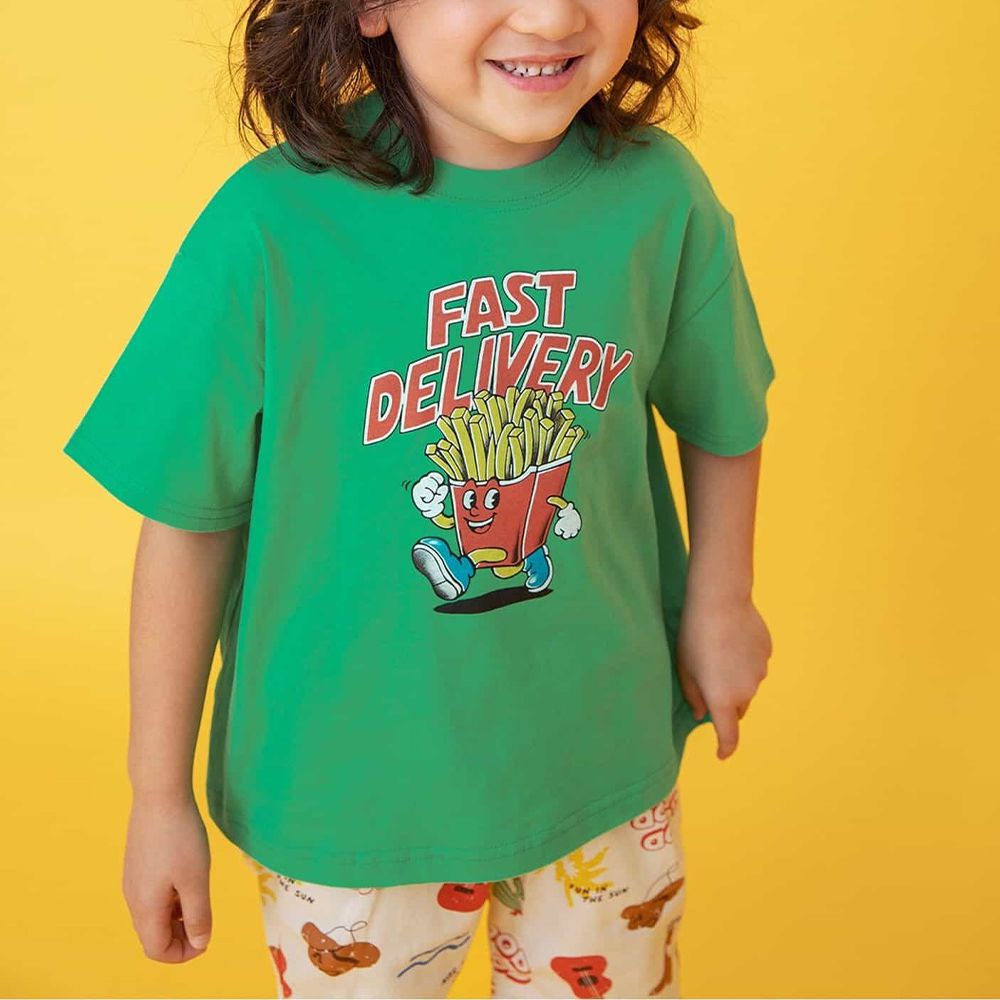 可愛食物印花短袖上衣-薯條快送-草綠