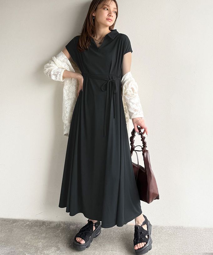 日本 Classical Elf - 接觸冷感 優美V領腰綁帶短袖洋裝-長版-黑
