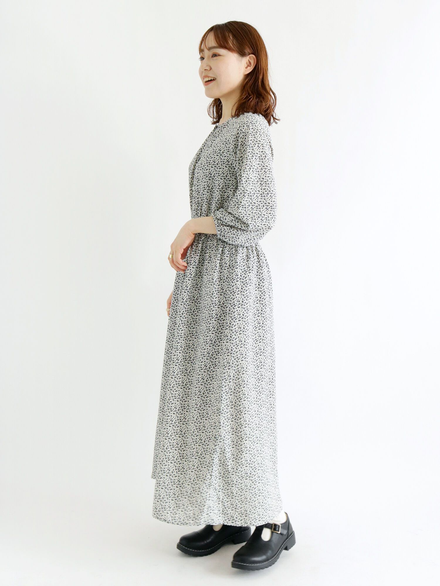 日本 ehka sopo - 甜美氣質碎花雪紡縮腰長洋裝-白