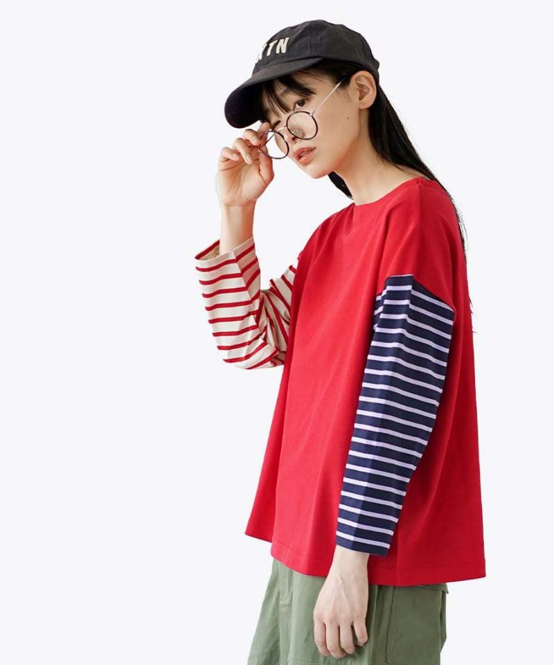 日本 zootie - 撞色條紋拼接薄長袖上衣-薰衣草