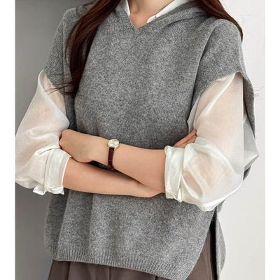 韓國女裝連線 - 細緻喀什米爾羊毛連帽背心-深灰 (FREE)