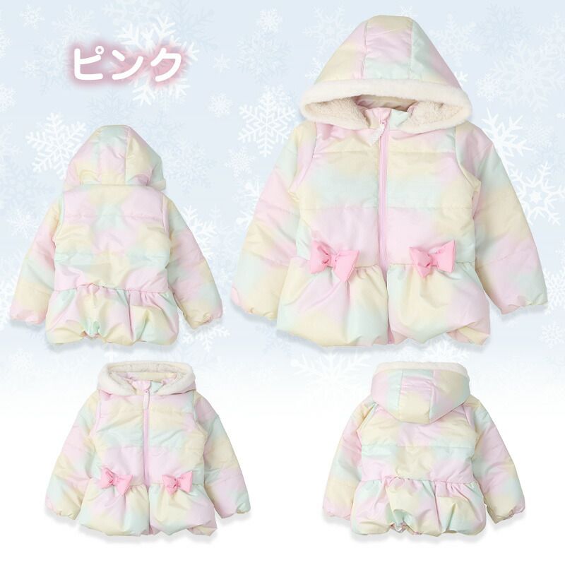 日本 ZOOLAND - 撥水加工 毛絨保暖連帽鋪棉外套-蝴蝶結-粉漸層