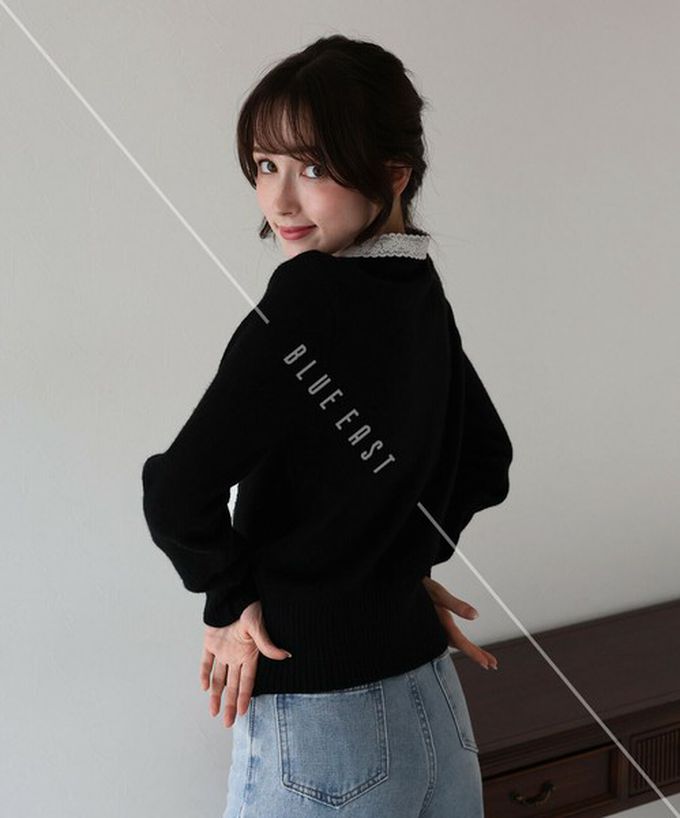 日本 BLUE EAST - 少女爛漫蕾絲蝴蝶結開襟衫-米杏