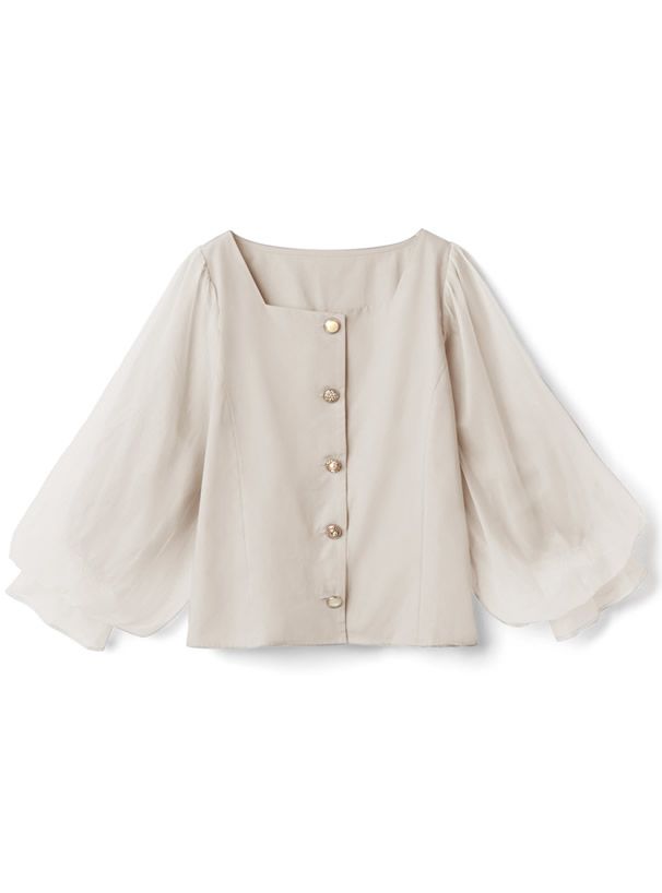 日本 GRL - 方領排釦薄紗澎澎袖上衣-時尚黑