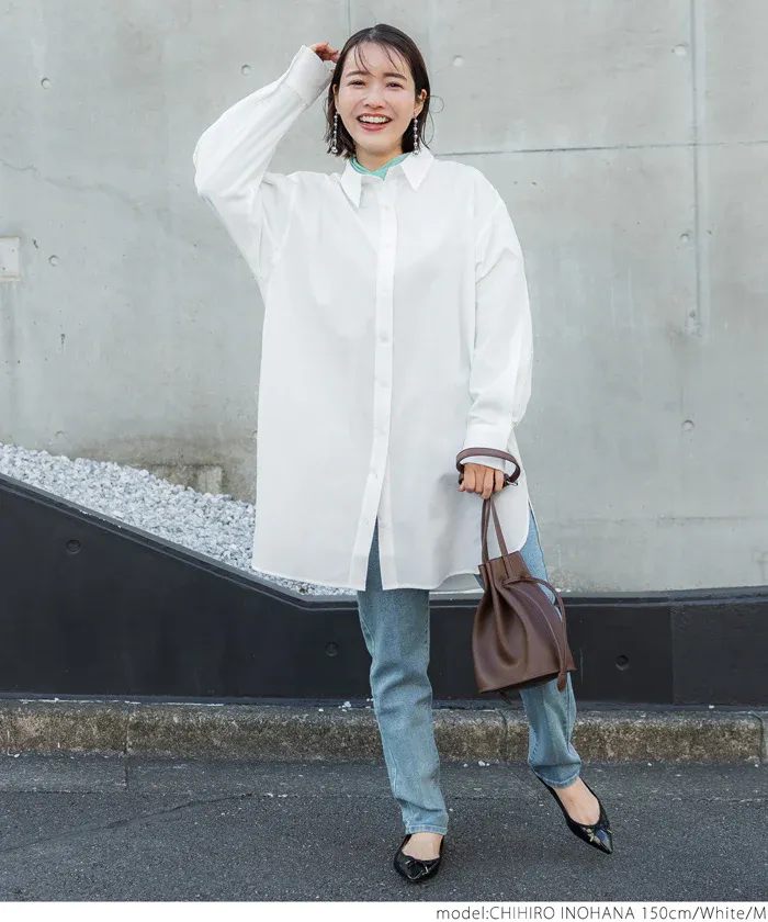 日本 COCA - 簡約落肩翻領長袖襯衫-條紋-水藍