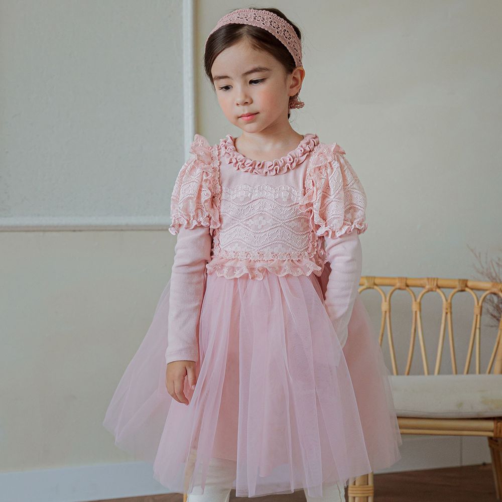 韓國 Mari an u - 華麗雕花蕾絲公主袖網紗洋裝-粉紅