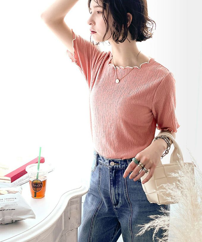 日本 Classical Elf - 氣質紋理木耳邊短袖上衣-灰藍