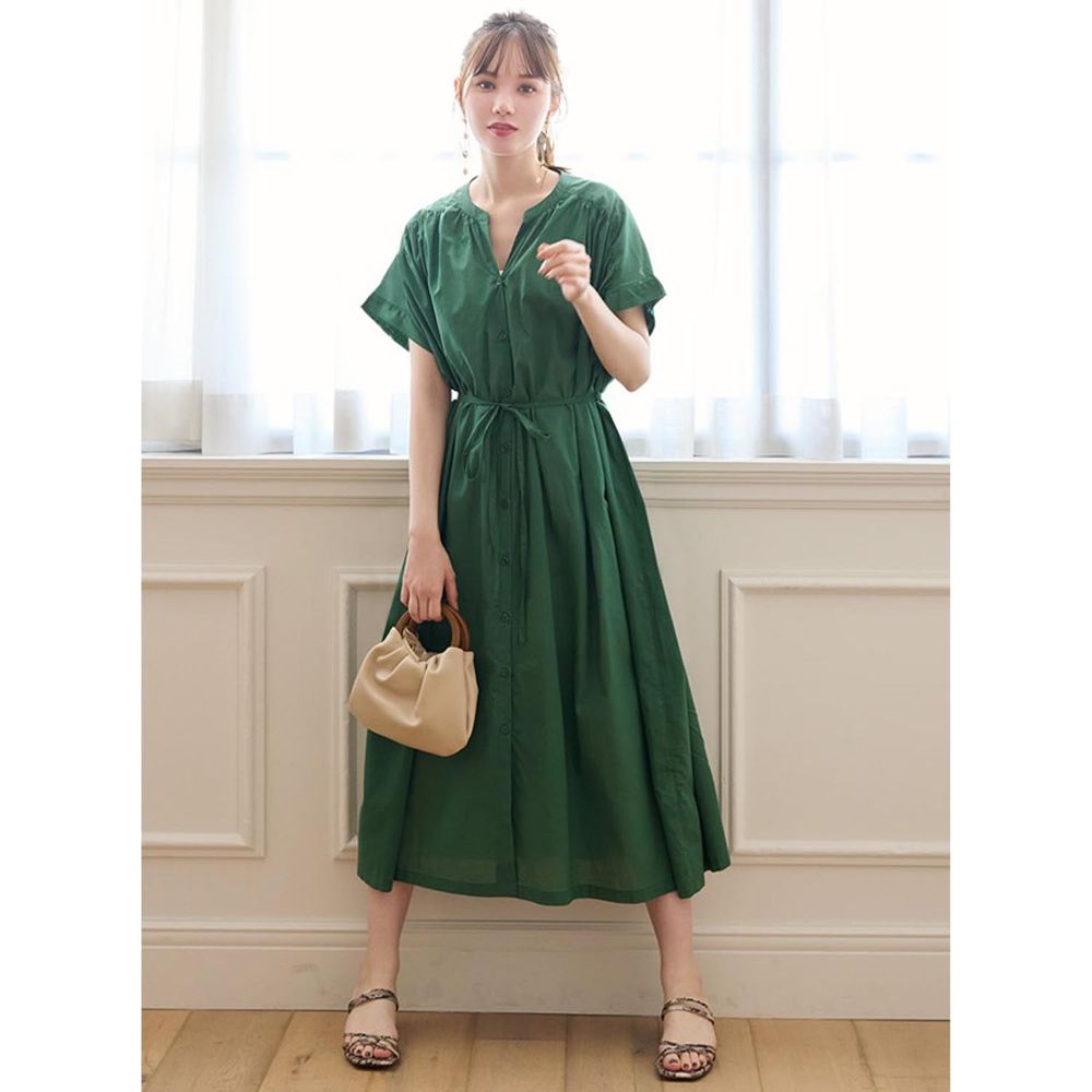 日本 GRL - 顯瘦V領排釦綁帶法式短袖洋裝-草地綠