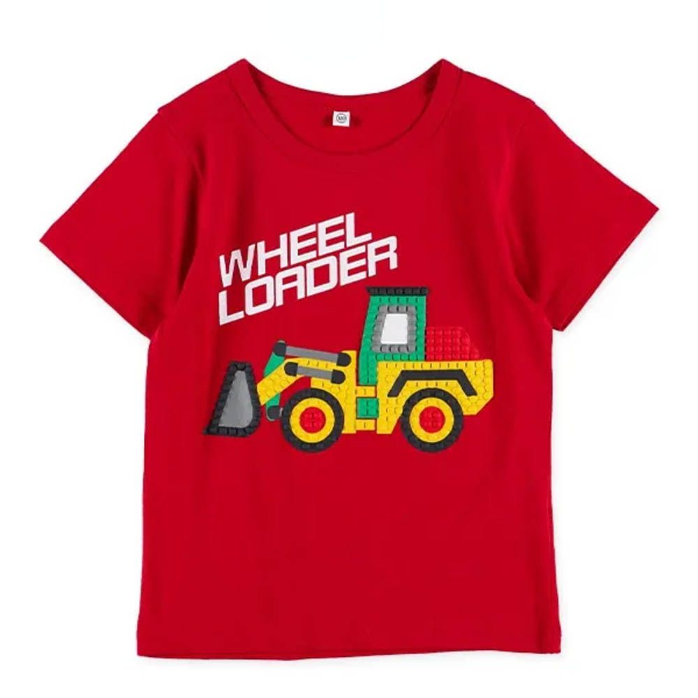 立體發泡印花短袖上衣-推土機-紅