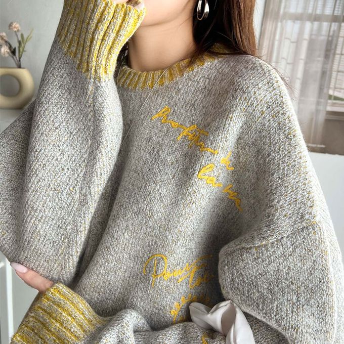 日本 Classical Elf - 英文刺繡時尚配色羅紋毛衣-黃