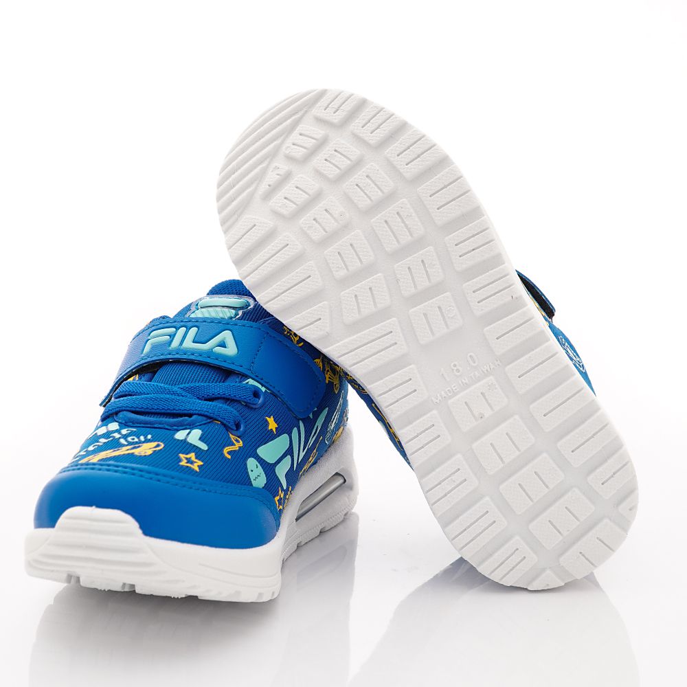 FILA - 半氣墊彈力印花運動鞋(中大童段)-藍黃
