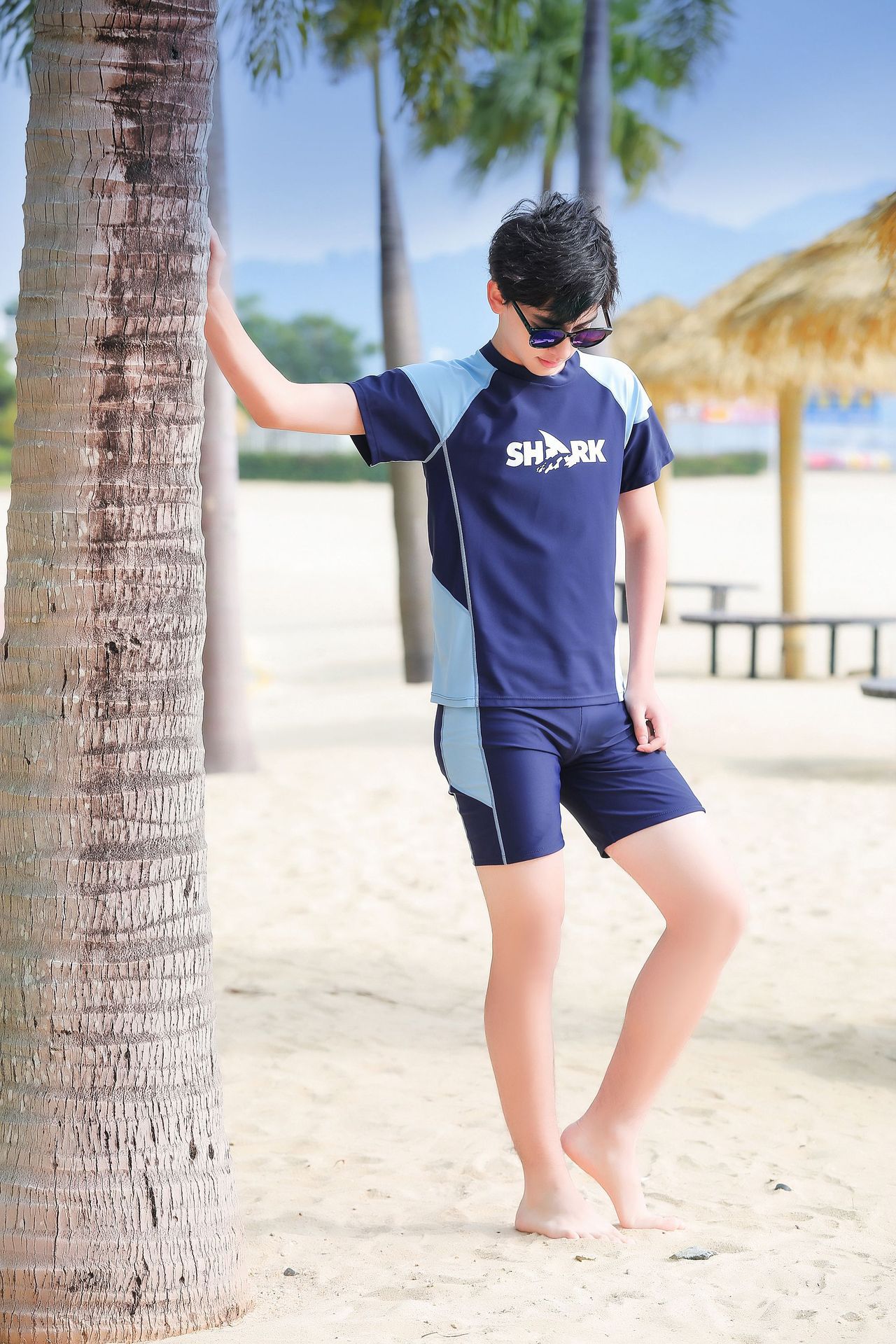 大童男孩短袖泳衣套裝(二件組)-SHARK-黑色-泳衣、泳褲