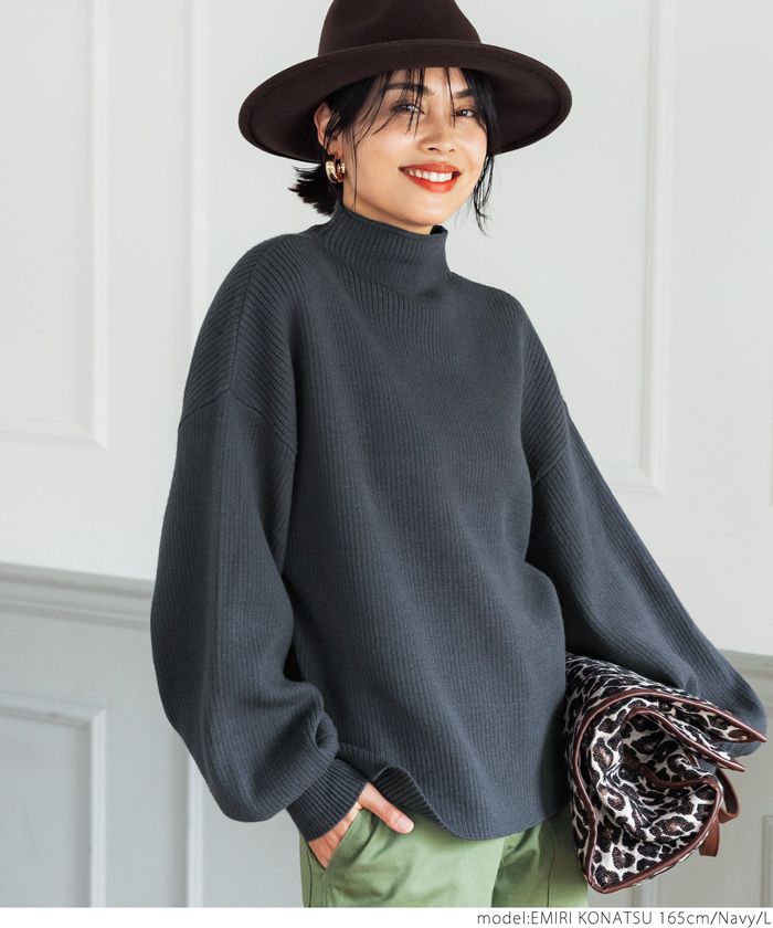 日本 COCA - 細坑紋立領寬鬆落肩針織毛衣-淺灰