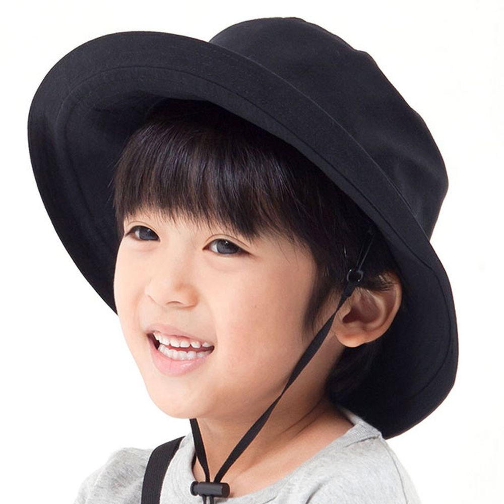 日本 irodori - 【irodori】抗UV可捲收遮陽帽(附防風帽帶)-兒童款-經典黑 (54cm)-純棉