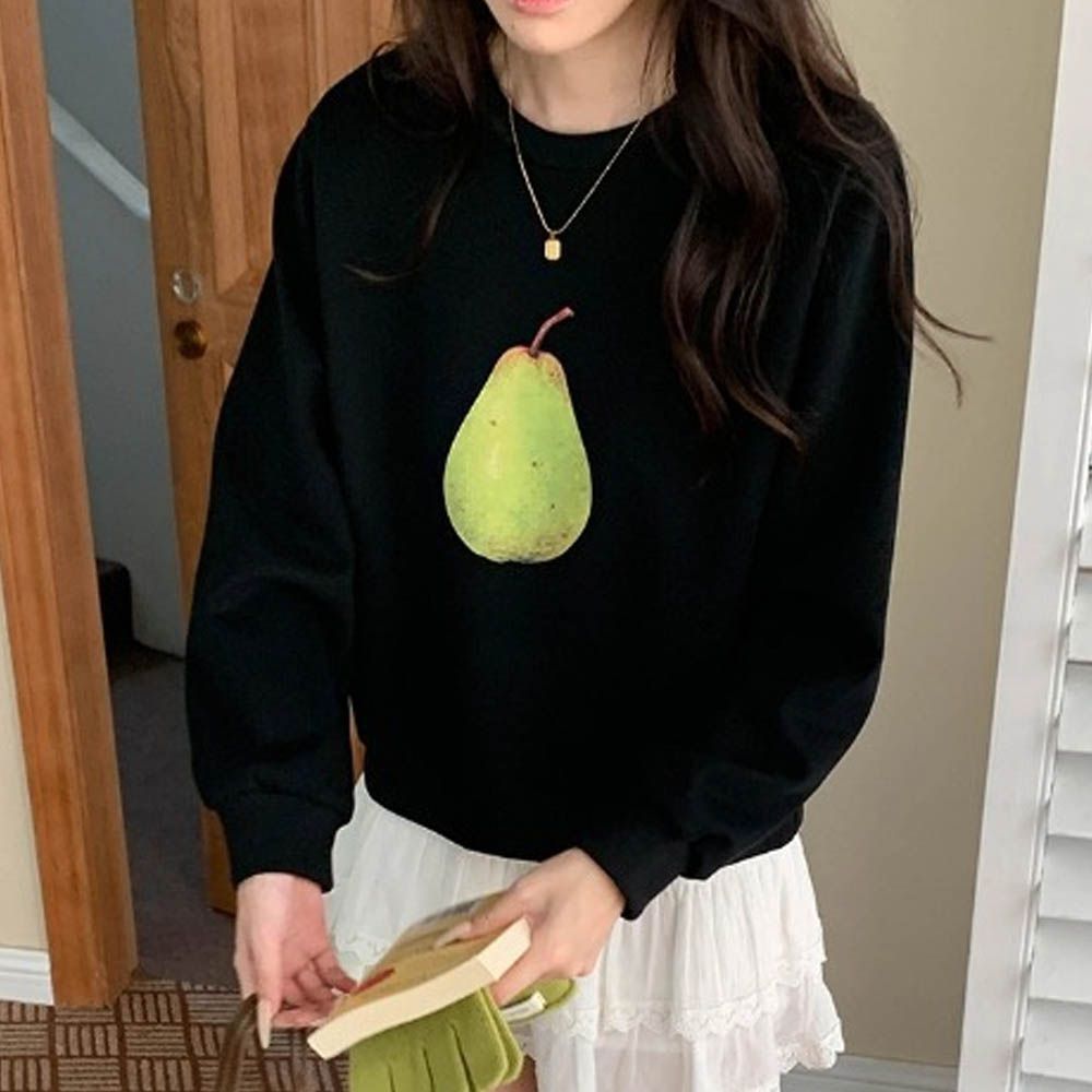 長袖大學T-梨子-黑色 (F)