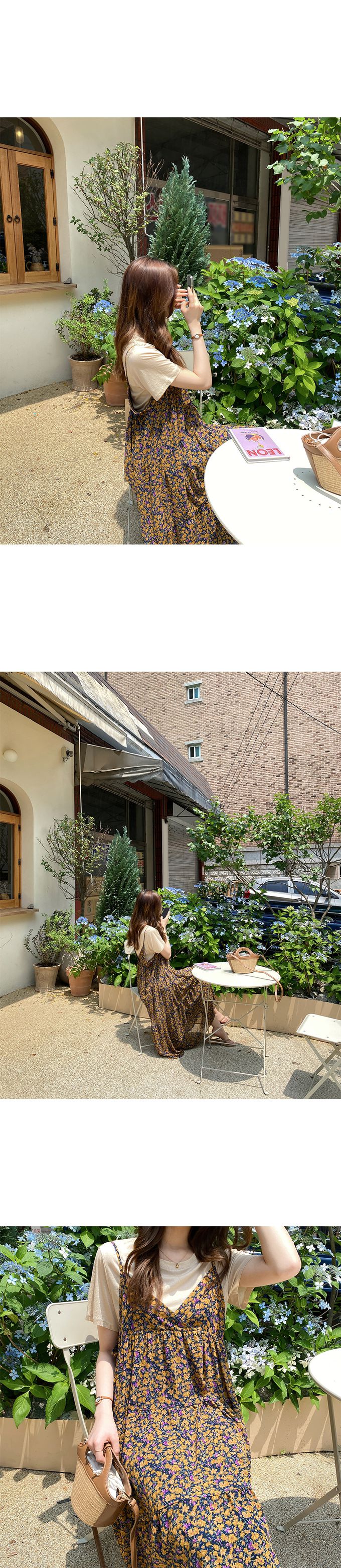 韓國女裝代購 - 復古花漾細肩帶連身洋裝-黃紫 (FREE)