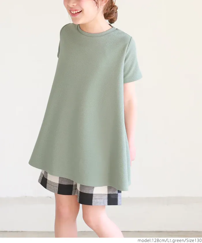 日本 COCA - 速乾彈性 圓領A字剪裁長版短袖上衣-孩子-淺灰