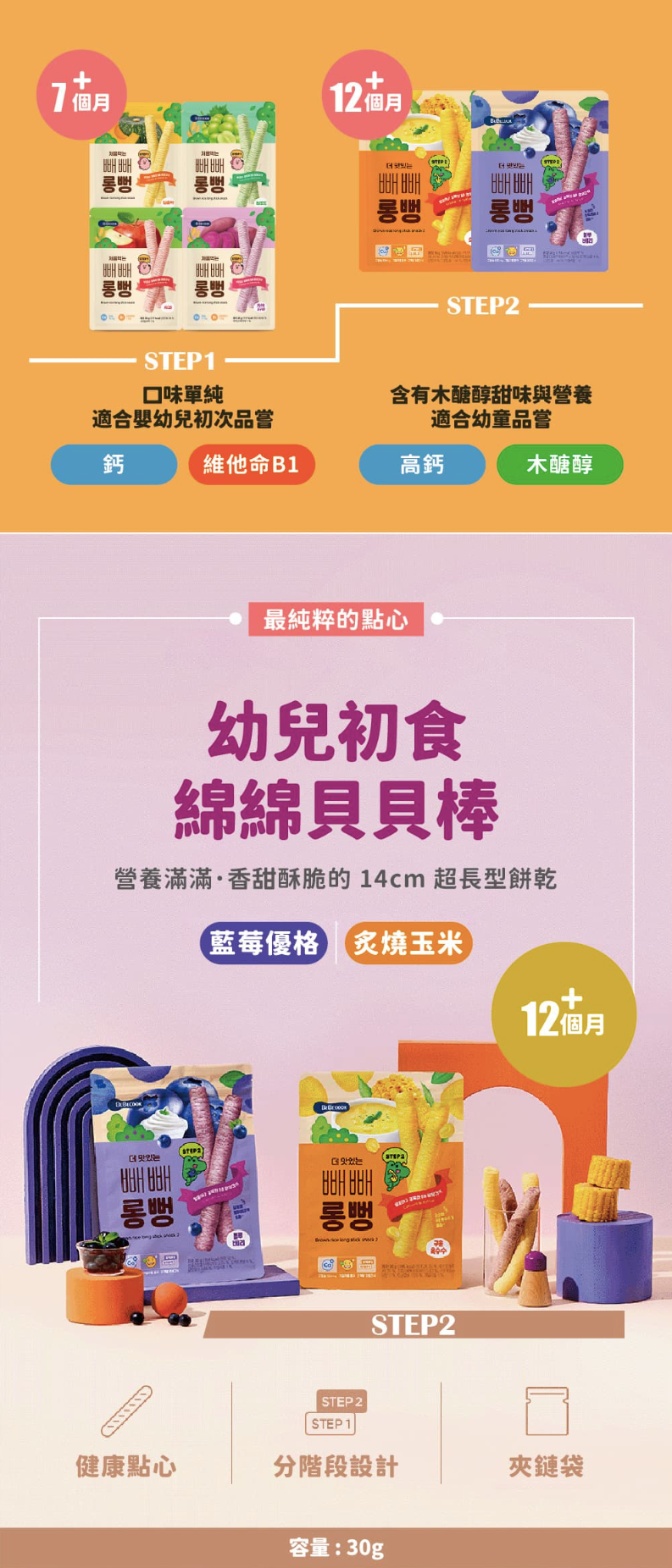 BEBECOOK 寶膳 - 嬰幼兒初食綿綿貝貝棒-四入組-炙燒玉米*2+藍莓優格*2