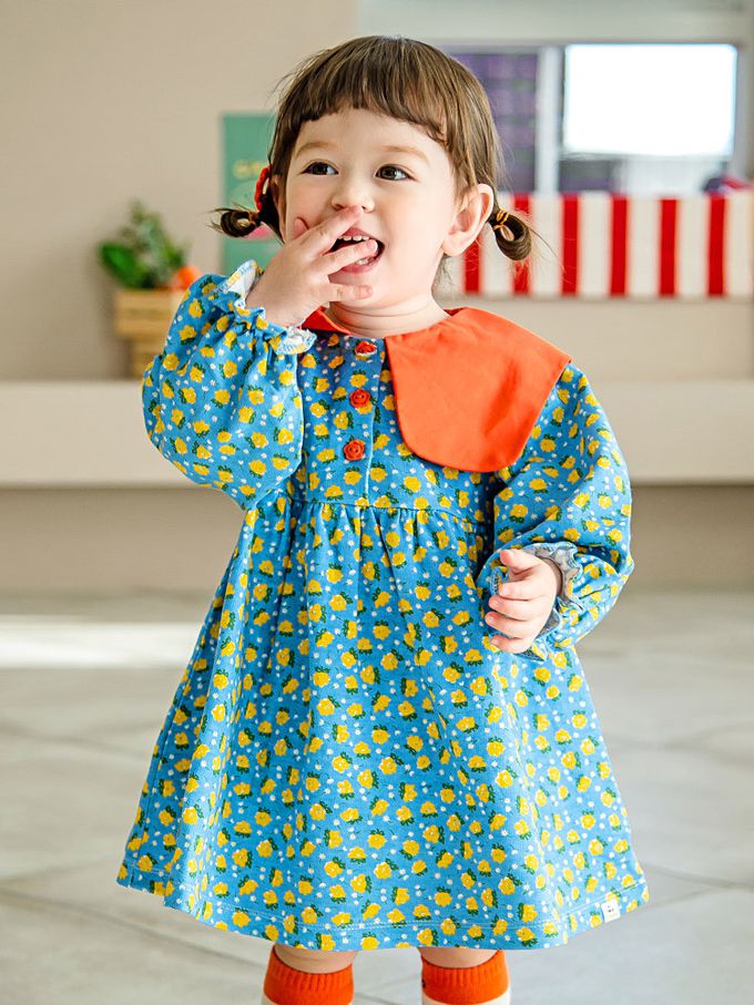 韓國 Pimpollo - 滿版花紋撞色翻領連身洋裝-藍