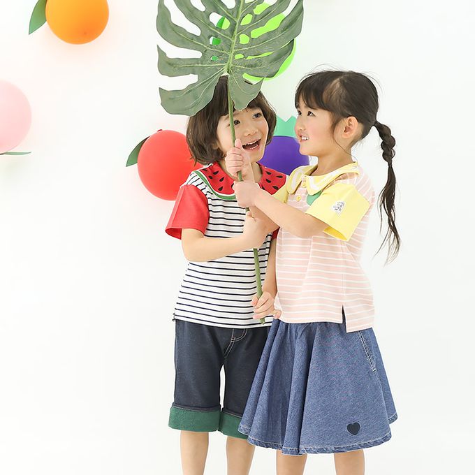 日本 ZOOLAND - 水果造型領天竺棉短袖上衣-西瓜條紋-黑x白