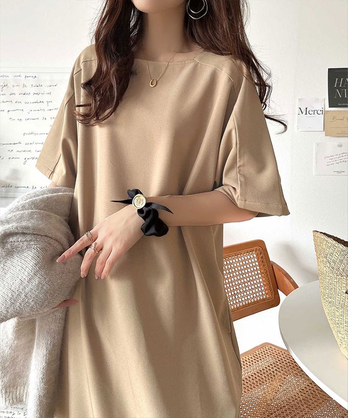 日本 Classical Elf - 亞麻感洗練線條短袖洋裝-摩卡棕