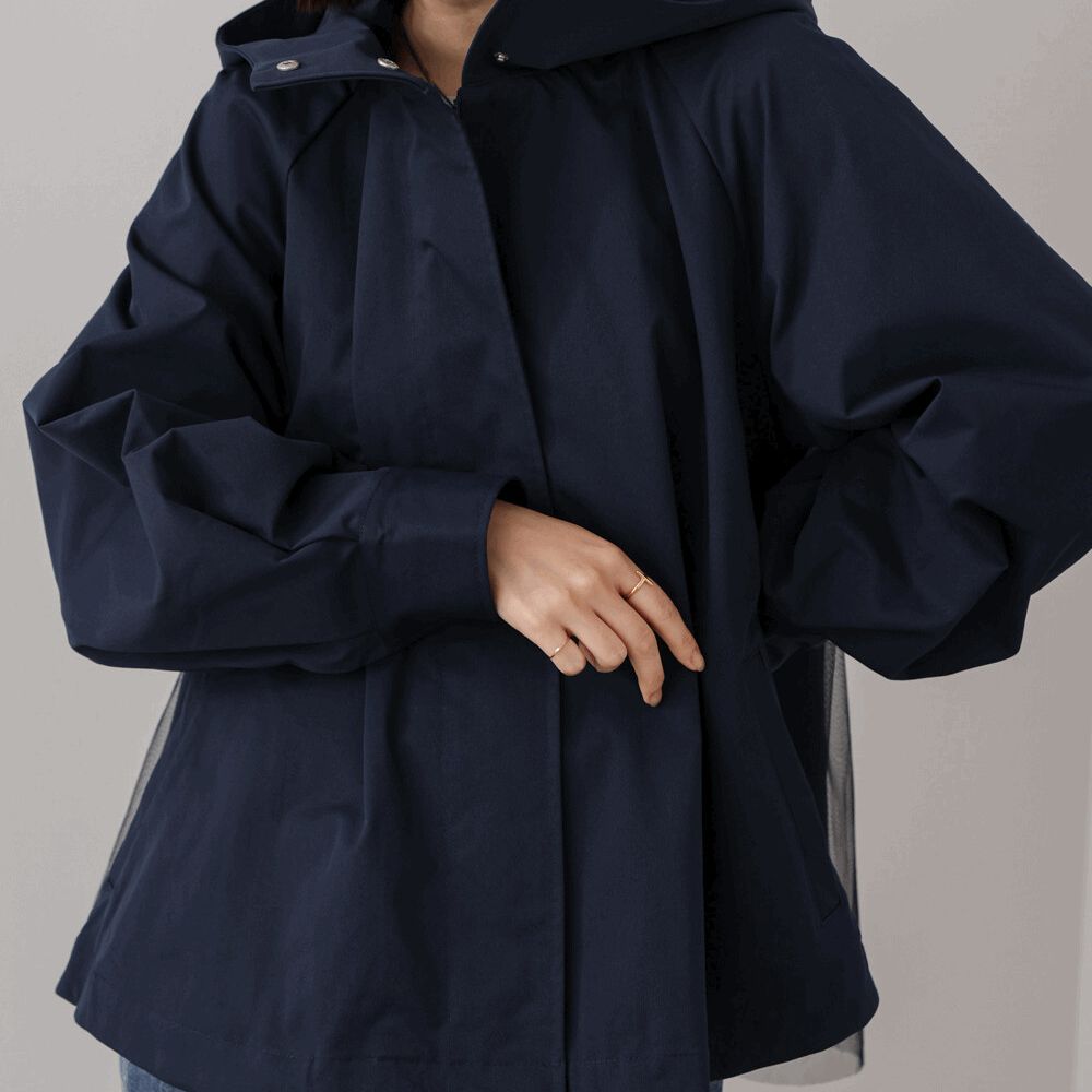 [人氣款]背後皺摺薄紗連帽風衣外套-海軍藍