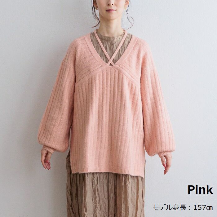 日本 ihuu - 特色綁帶V領針織毛衣-淺灰