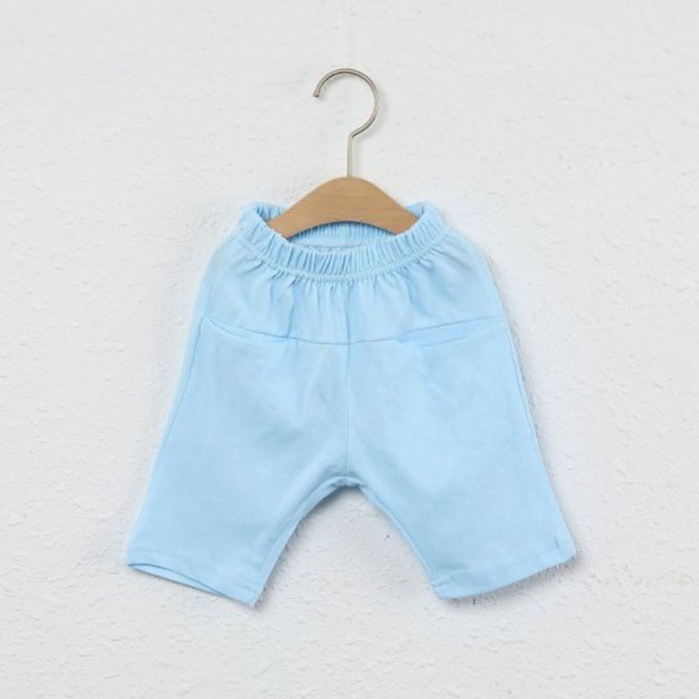 韓國製 - 平口袋純棉7分褲-天藍