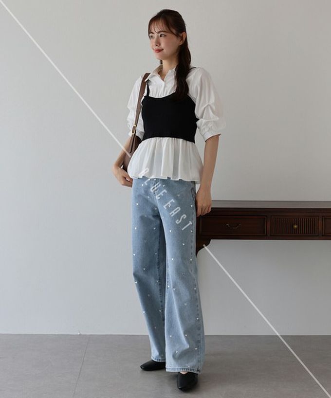 日本 BLUE EAST - 假二件俐落時尚疊穿五分袖上衣-黑x水藍