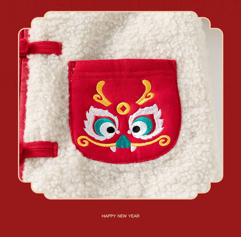 漢服風喜氣拜年立領盤釦外套-福氣龍口袋-米白色