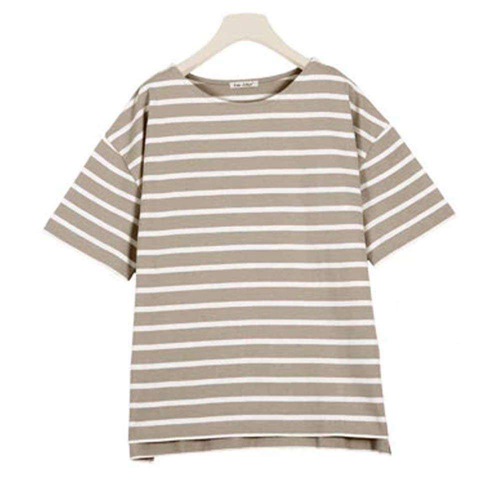 100%棉船領優雅條紋短袖上衣-棕x白線條