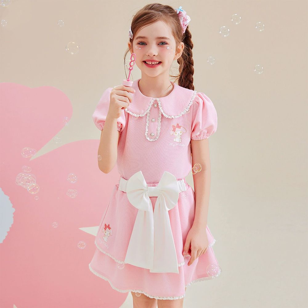 娃娃領泡泡短袖上衣+蝴蝶結短裙套裝-卡通人物美樂蒂-粉色
