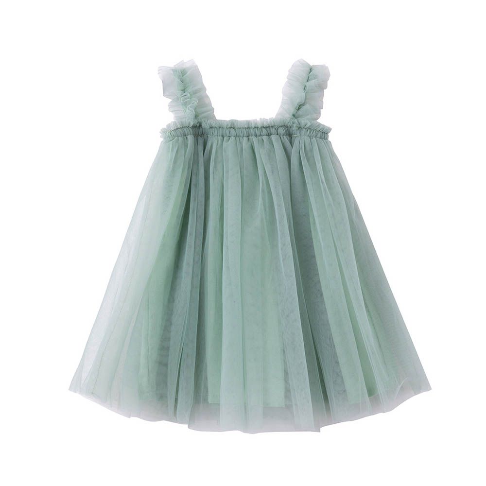 甜美木耳邊澎澎紗裙洋裝-灰綠