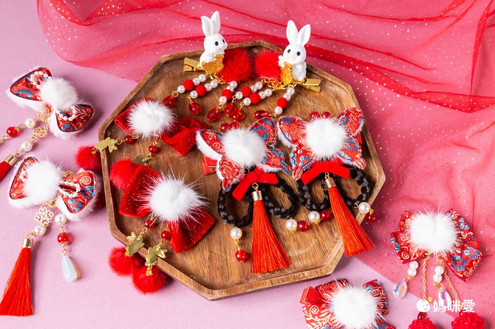 兔年喜氣洋洋拜年兒童髮飾-蝴蝶結+小金兔-紅色