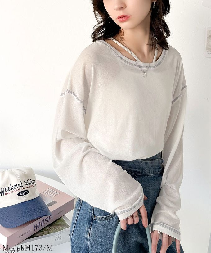 日本 Classical Elf - 透膚感配色線條薄長袖上衣-白