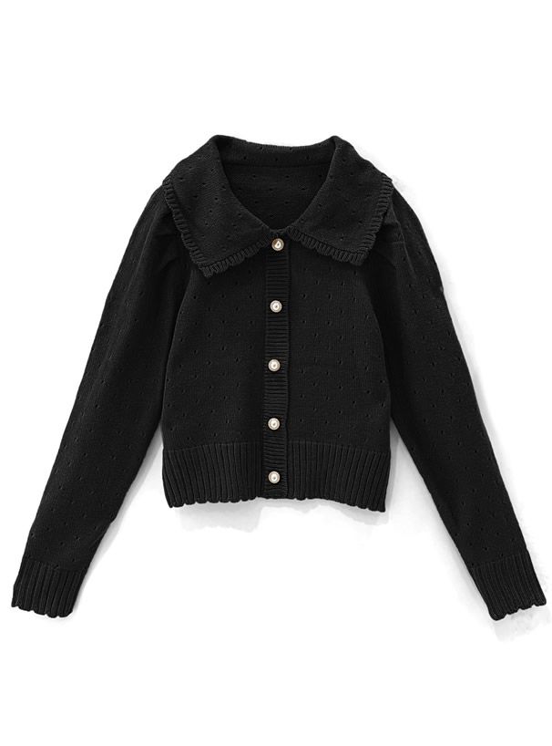 日本 GRL - 浪漫花朵領珍珠釦針織上衣-知性黑