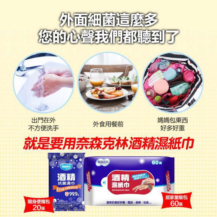 奈森克林 - 酒精抗菌濕紙巾-家用隨身貼心兩用-超值組-60抽*2包+20抽*6包