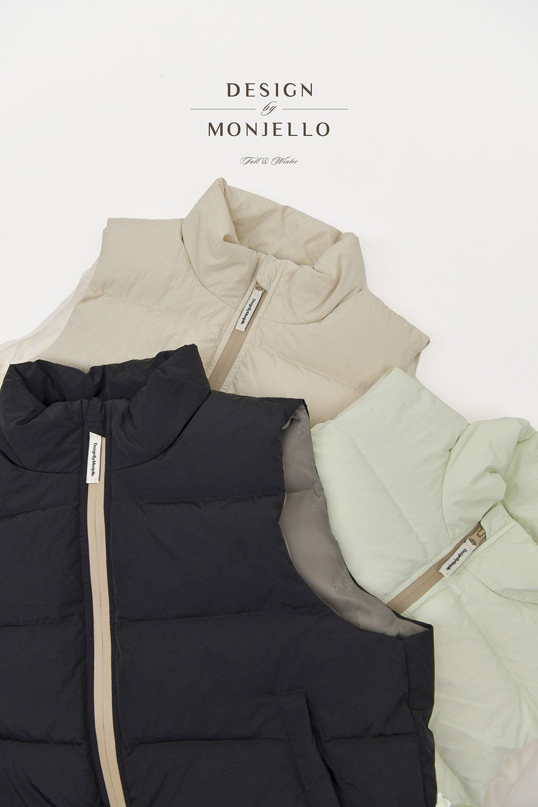 韓國 MONJELLO - (100%鴨絨)防潑水立領羽絨背心-淺卡其
