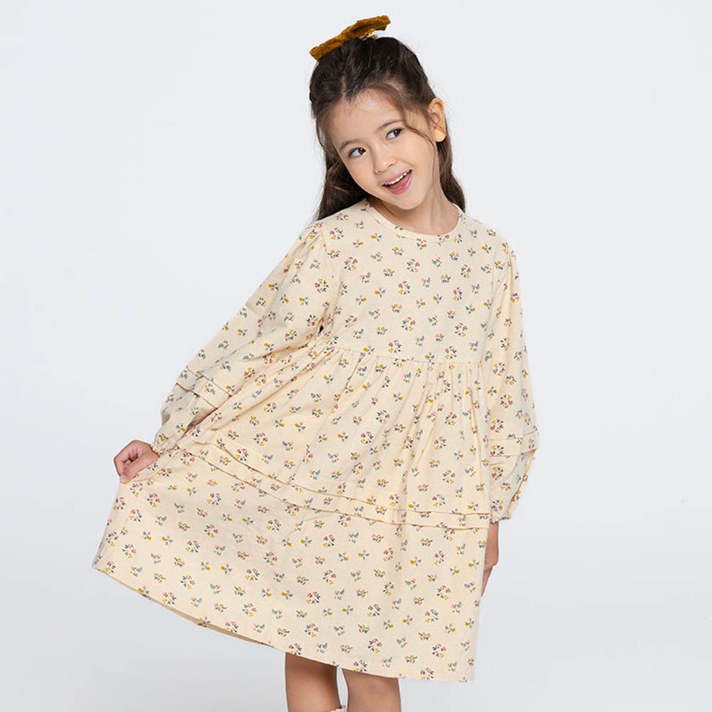 春暖花開抓褶感長袖洋裝-米