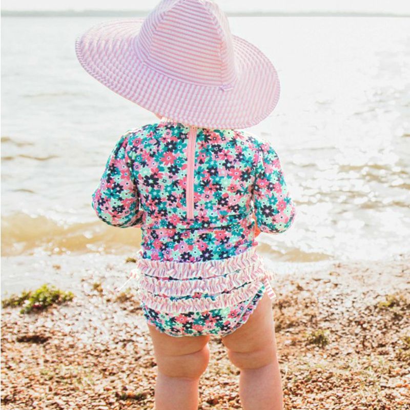 美國 RuffleButts - 小女童UPF 50+防曬長袖連身泳裝-熱帶萬花筒