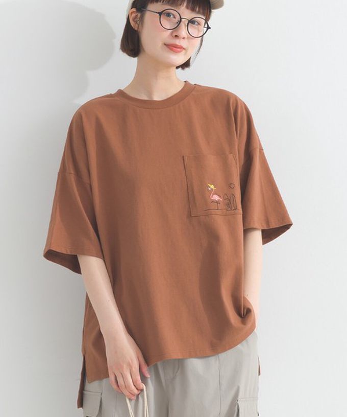 日本 Lupilien - 16支天竺棉俏皮動物刺繡大口袋短袖T恤-咖啡