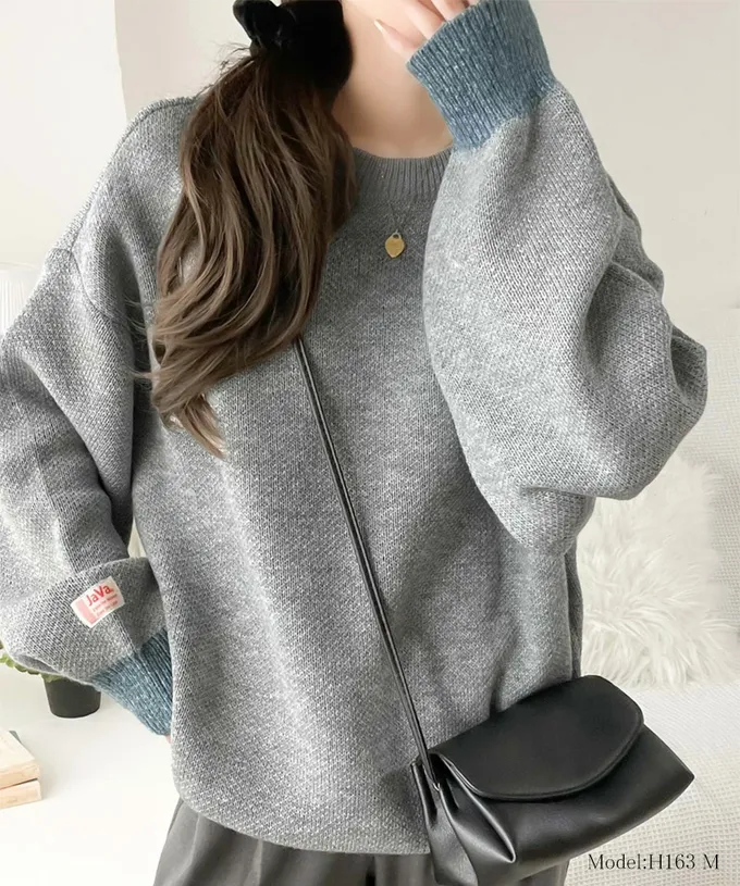 日本 Classical Elf - Java 前後2way袖配色厚針織上衣-海軍藍